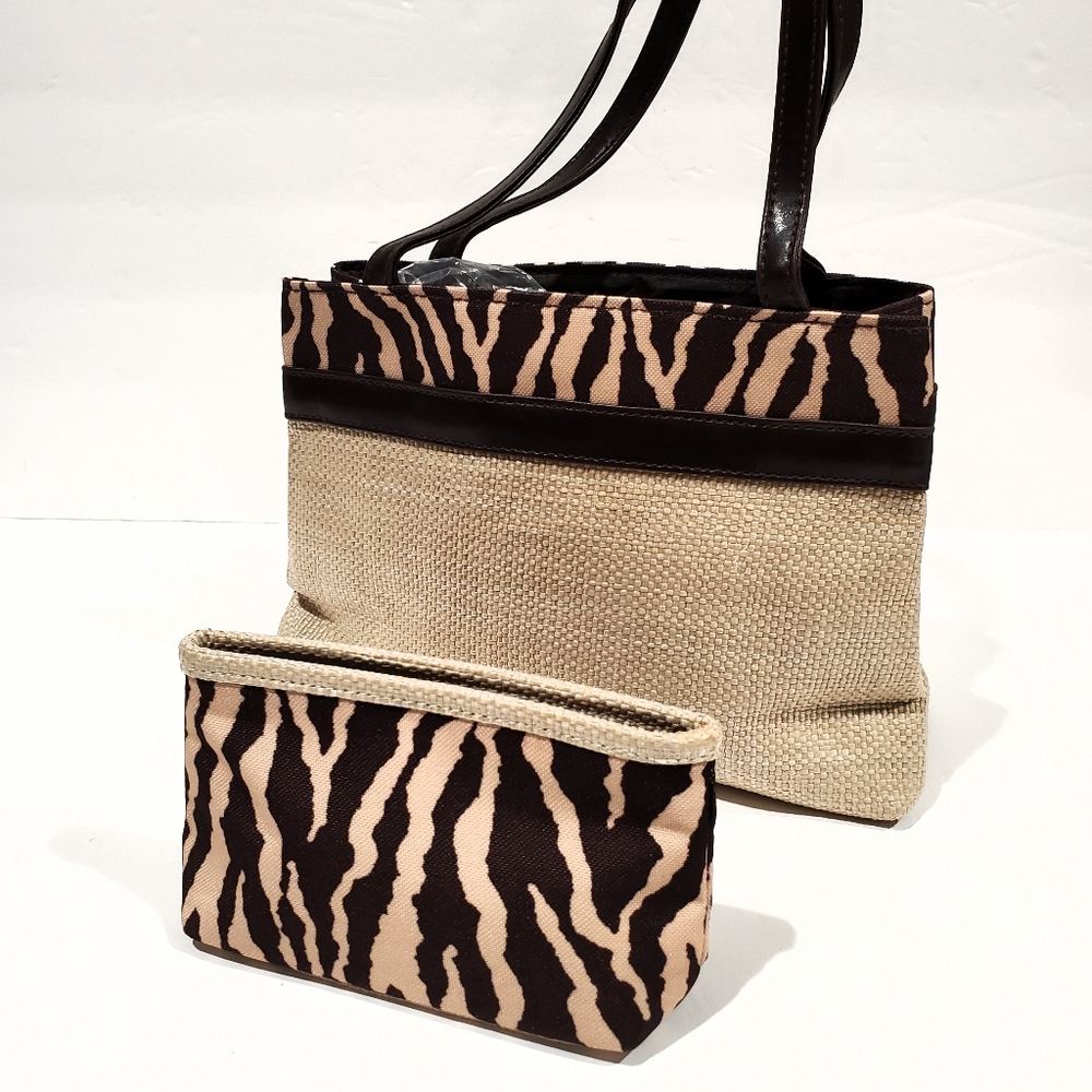 2 Estée Lauder Woven Straw Cosmetic Bags Purse NWT Tan Brown Animal Print Trim
